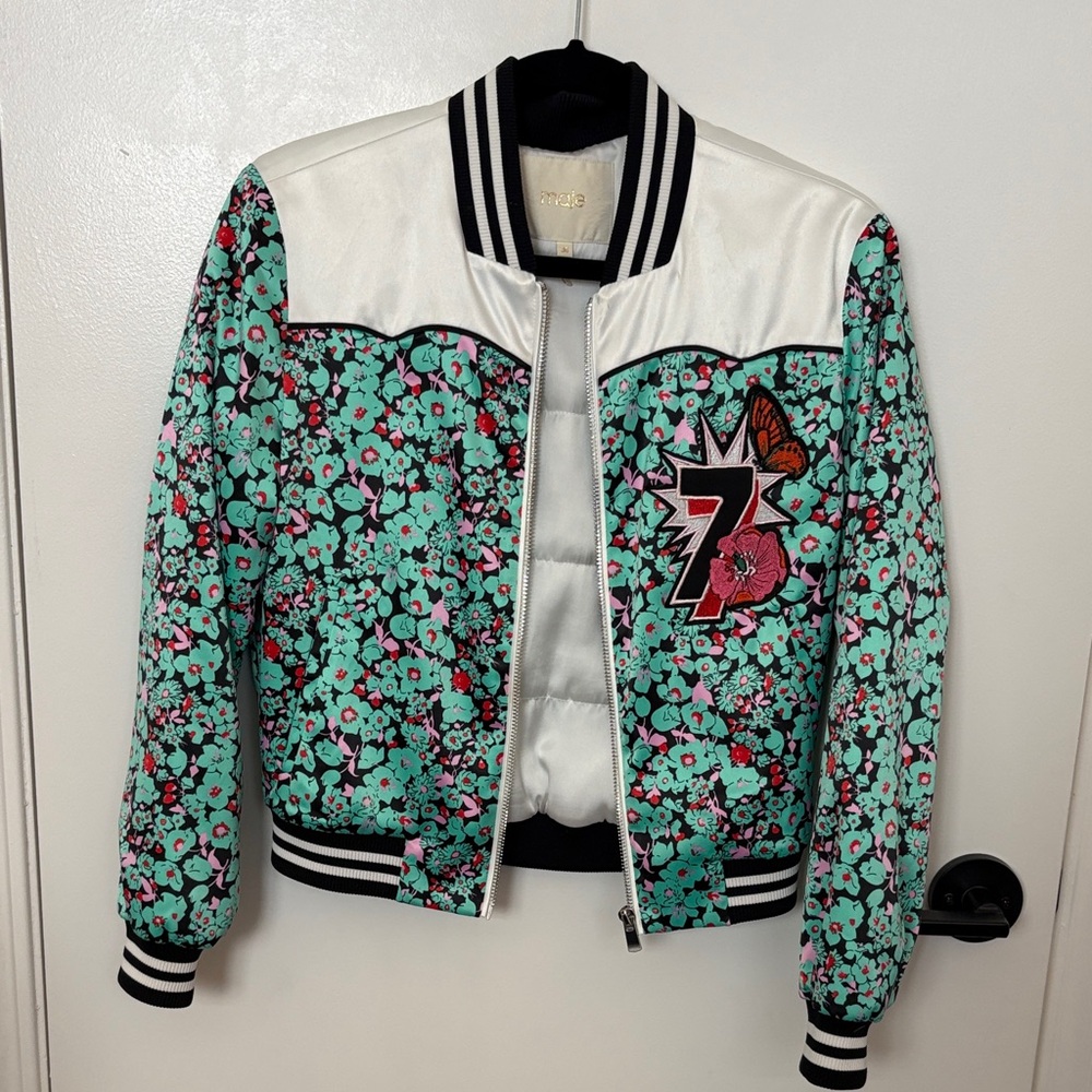 Maje Floral Embroidered Bomber Jacket - Green and White
